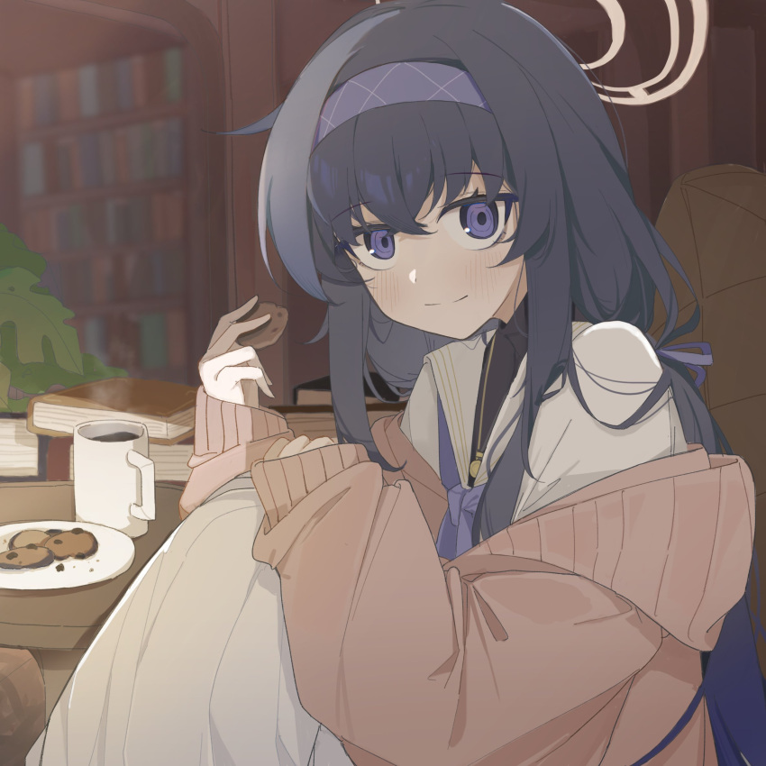 1girl bags_under_eyes black_hair blue_archive blue_eyes book book_stack bookshelf brown_cardigan cardigan coffee_mug cookie cup food free_donut headband highres holding holding_cookie holding_food jewelry light_smile looking_at_viewer mug necklace open_cardigan open_clothes solo ui_(blue_archive)