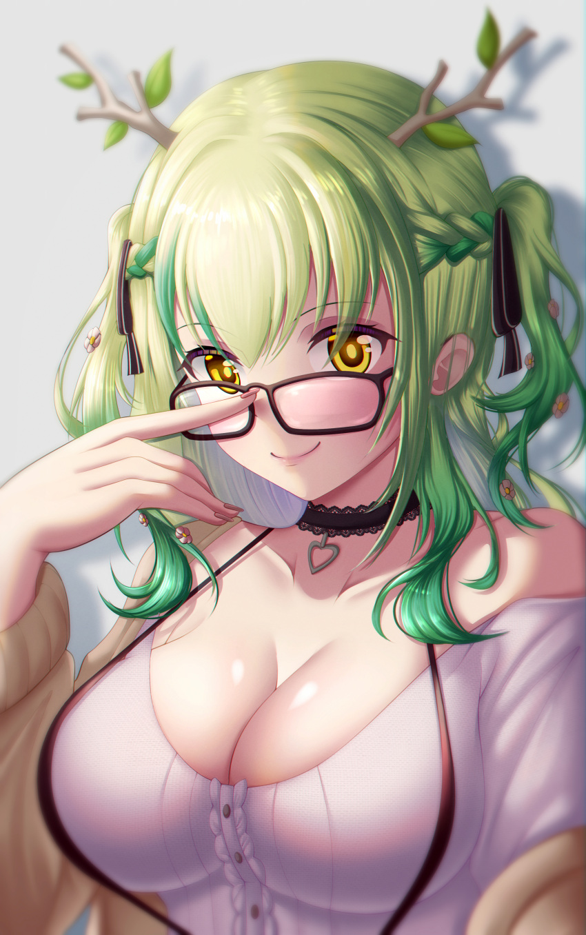 1girl absurdres adjusting_eyewear antlers black_choker black_ribbon branch breasts cardigan ceres_fauna ceres_fauna_(jirai_kei) choker cleavage glasses green_hair hair_ribbon heart heart_choker highres hololive hololive_english horns large_breasts looking_at_viewer official_alternate_costume open_cardigan open_clothes ribbon seapupu shirt smile solo suspenders tree_horns virtual_youtuber white_shirt yellow_eyes