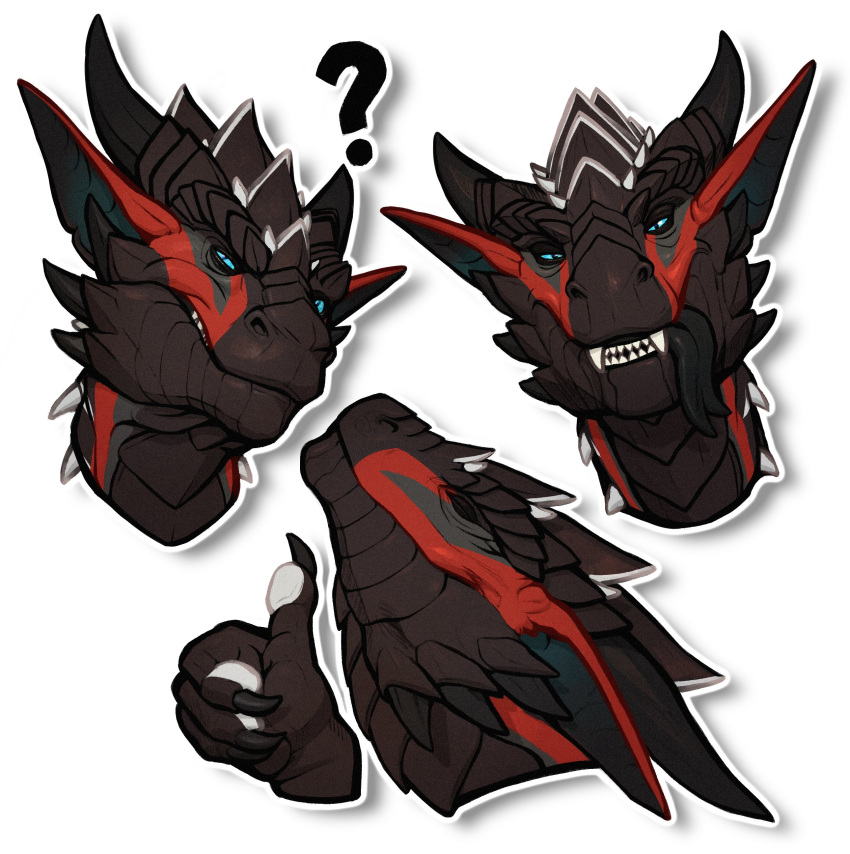 absurd_res ambiguous_form ambiguous_gender black_tongue blue_eyes brown_body brown_scales cheek_spikes dragon facial_markings facial_spikes fangs forked_tongue grey_markings head_markings hi_res horn khyaber markings narrowed_eyes pupils question_mark red_markings scales scalie simple_background slit_pupils solo spikes spikes_(anatomy) teeth tongue tongue_out white_background