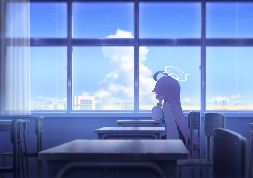 1girl blue_archive blurry chair classroom cloud cumulonimbus_cloud curtains depth_of_field desert desk elbow_on_table elbow_rest facing_away from_side game_cg halo hand_on_own_chin head_rest highres hoshino_(blue_archive) indoors long_hair long_sleeves looking_outside non-web_source official_art on_chair pink_hair puffy_long_sleeves puffy_sleeves school_chair school_desk shirt sitting solo very_long_hair white_shirt window