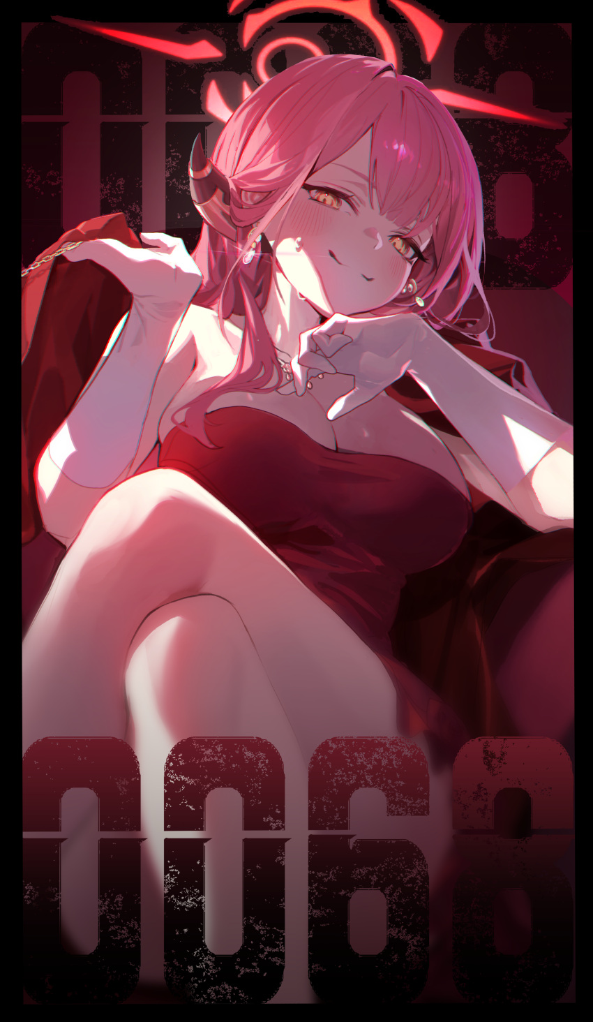 1girl absurdres amejaga aru_(blue_archive) aru_(dress)_(blue_archive) blue_archive blush breasts brown_horns cleavage closed_mouth demon_horns dress feet_out_of_frame gloves halo highres horns large_breasts long_hair looking_at_viewer official_alternate_costume pink_hair pink_halo red_dress sleeveless sleeveless_dress solo white_gloves yellow_eyes