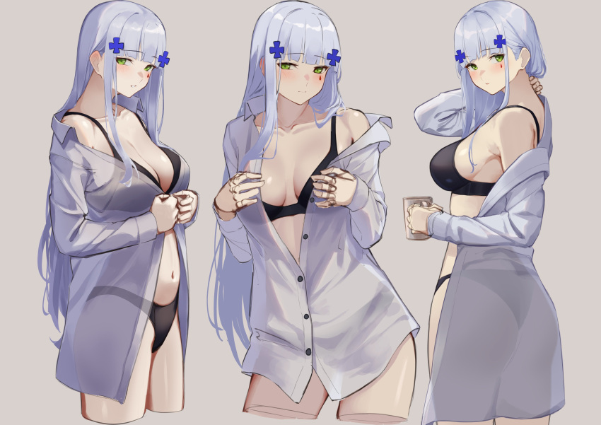 1girl 3_small_spiders absurdres blue_hair blush breasts collared_shirt commentary_request cropped_legs cup facial_mark girls'_frontline green_eyes highres hk416_(girls'_frontline) holding holding_cup light_blue_hair long_hair long_sleeves looking_at_viewer medium_breasts mug multiple_views open_clothes open_shirt shirt sideboob white_shirt