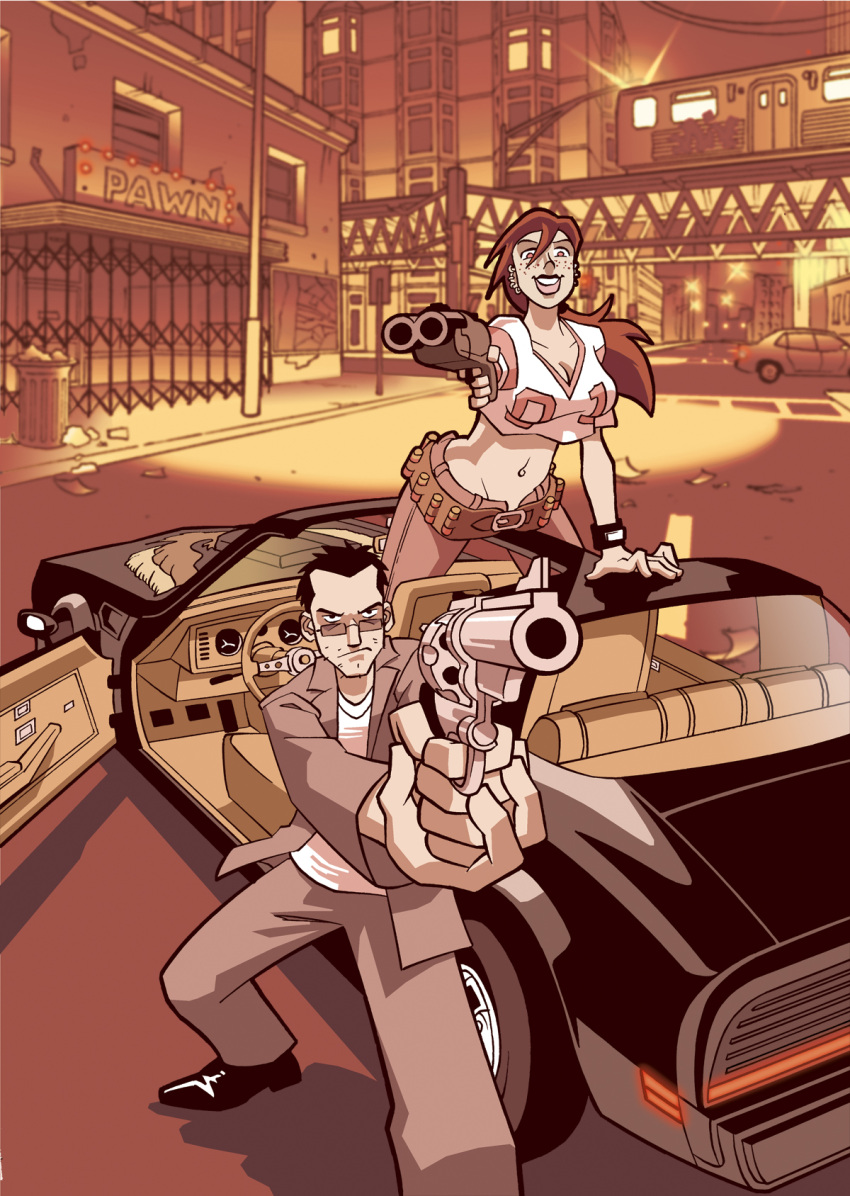 1boy 1girl abby_(riding_shotgun) aiming aiming_at_viewer belt breasts building car cleavage commentary crop_top crop_top_overhang double-barreled_shotgun doyle_(riding_shotgun) english_commentary facial_hair foreshortening frown groin gun highres jacket large_breasts long_hair midriff motor_vehicle navel official_art perspective revolver riding_shotgun_(series) road sepia serious shotgun shotgun_shell street stubble tracy_yardley train weapon