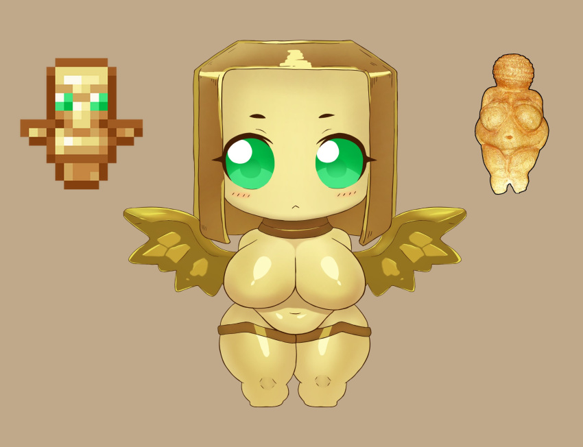 big_breasts blush blush_lines breasts brown_background brown_hair eyelashes feathered_wings feathers featureless_breasts female front_view green_eyes hair hi_res huge_breasts humanoid keelpowah microsoft minecraft mojang navel short_stack simple_background solo thick_thighs wide_hips winged_humanoid wings xbox_game_studios yellow_body yellow_feathers