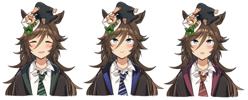 1girl ahoge animal_ears blue_necktie blush breasts brown_hair closed_eyes closed_mouth green_eyes green_necktie hair_between_eyes hair_ornament hairclip harry_potter_(series) hat highres horse_ears horse_girl ido_(teketeke) jacket long_hair long_sleeves mini_hat mini_top_hat mr._c.b._(umamusume) necktie red_necktie shirt smile top_hat wizarding_world