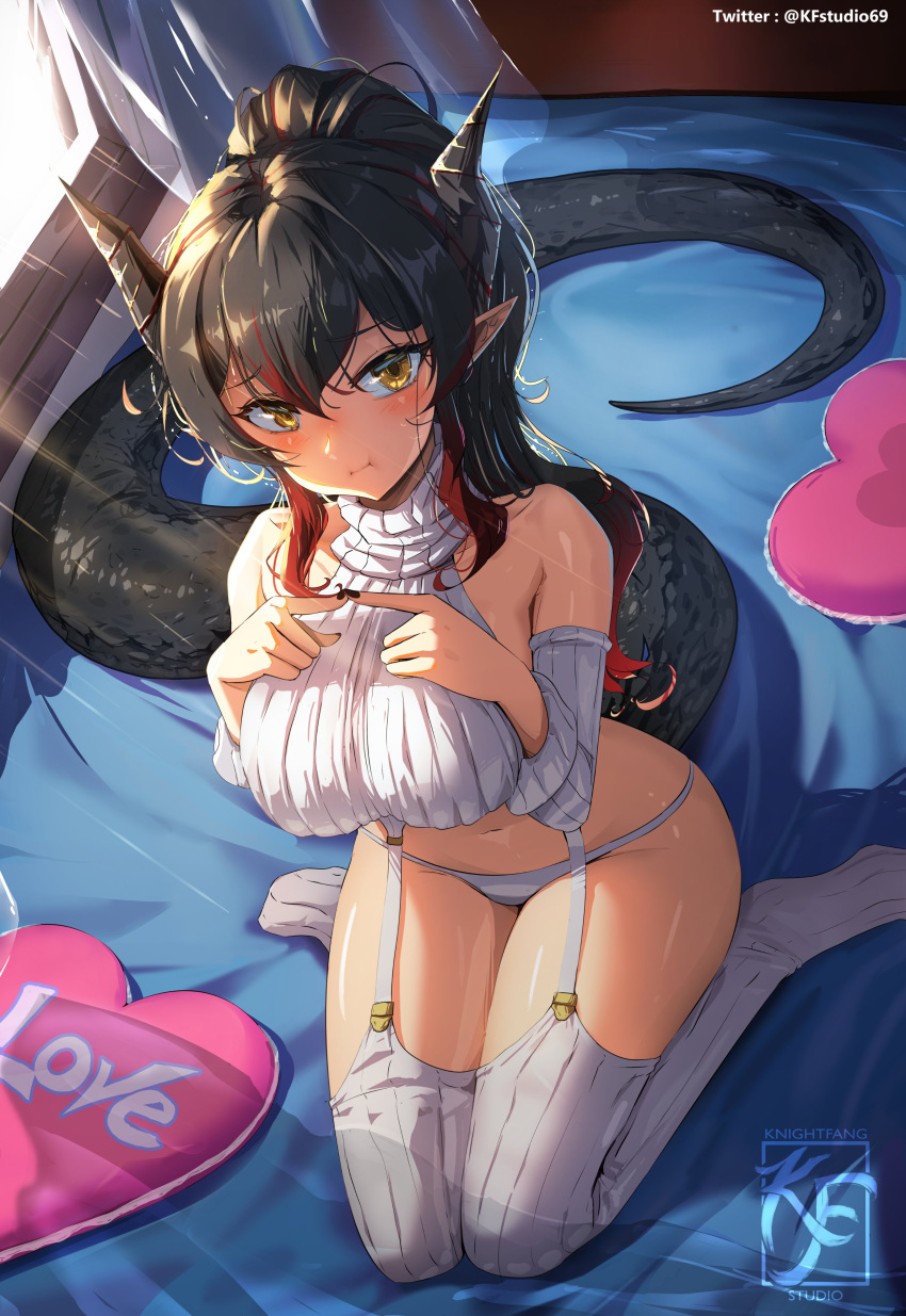 1girl absurdres artist_logo black_hair black_nails blush breasts closed_mouth collarbone curtains heart heart-shaped_pillow highres horns knightfang large_breasts long_hair meme_attire multicolored_hair navel on_bed original panties pillow pointy_ears ponytail red_hair ribbed_sweater ribbed_thighhighs sitting solo streaked_hair suspenders sweater tail thighhighs turtleneck turtleneck_sweater twitter_username underwear virgin_destroyer_sweater wariza white_panties white_sweater white_thighhighs window yellow_eyes