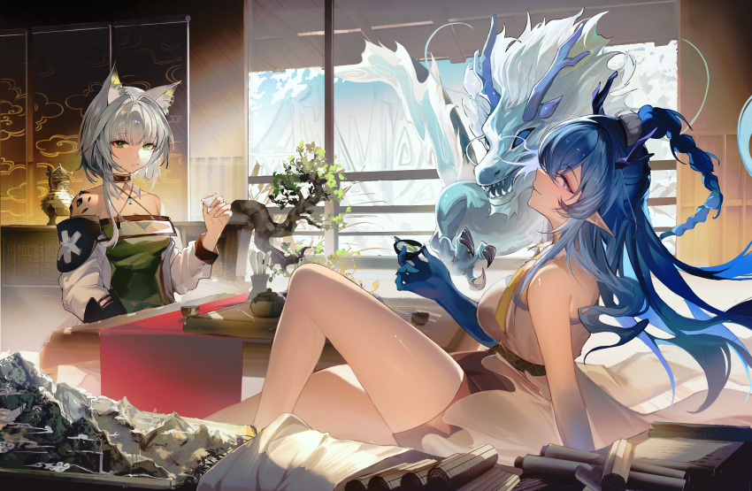 2girls animal_ears arknights bare_shoulders blue_eyes blue_horns blue_skin braid braided_ponytail cat_ears cat_girl closed_mouth coat collar colored_skin commentary_request criss-cross_halter cup detached_collar dragon dragon_girl dragon_horns dress eastern_dragon expressionless feet_out_of_frame gradient_skin green_dress green_eyes grey_hair halterneck hand_up highres holding holding_cup horns indoors kal'tsit_(arknights) kettle knee_up ling_(arknights) long_hair long_sleeves looking_at_viewer multiple_girls off-shoulder_dress off_shoulder open_clothes open_coat oripathy_lesion_(arknights) plant pointy_ears purple_eyes scroll sideways_glance sitting tabayashi white_coat white_collar white_dress