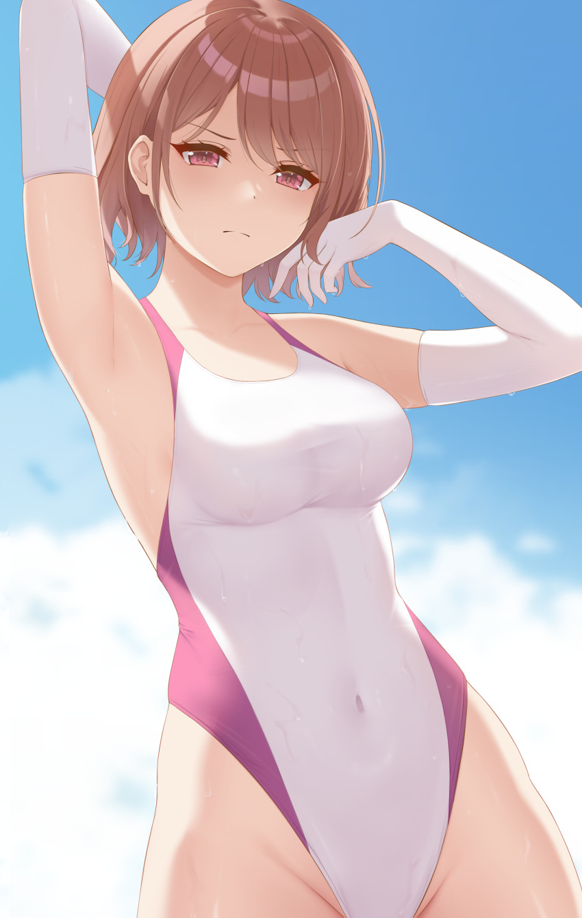 1girl absurdres arm_behind_head armpits bare_shoulders breasts brown_hair closed_mouth competition_swimsuit covered_navel cowboy_shot elbow_gloves frown gloves hand_up highleg highleg_swimsuit highres higuchi_madoka idolmaster idolmaster_shiny_colors large_breasts looking_at_viewer one-piece_swimsuit red_eyes rko_(a470350510) short_hair sky solo standing swimsuit two-tone_one-piece_swimsuit v-shaped_eyebrows wet wet_clothes wet_swimsuit white_gloves