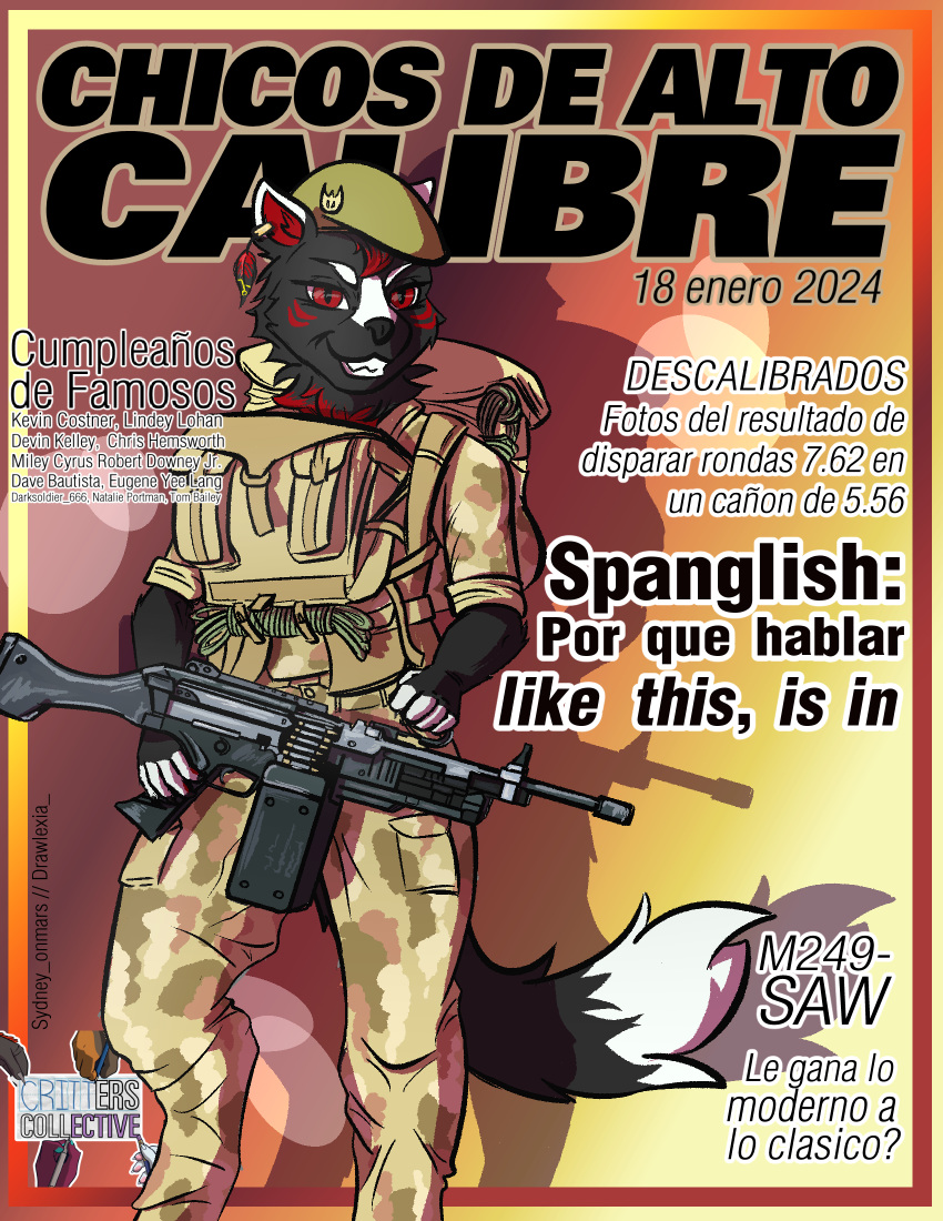 anthro black_body black_fur canid canine canis clothing fur gun hi_res looking_at_viewer male mammal military_uniform pinup pose ralexia ranged_weapon smile smiling_at_viewer solo spanish_text sydney_onmars text uniform weapon wolf