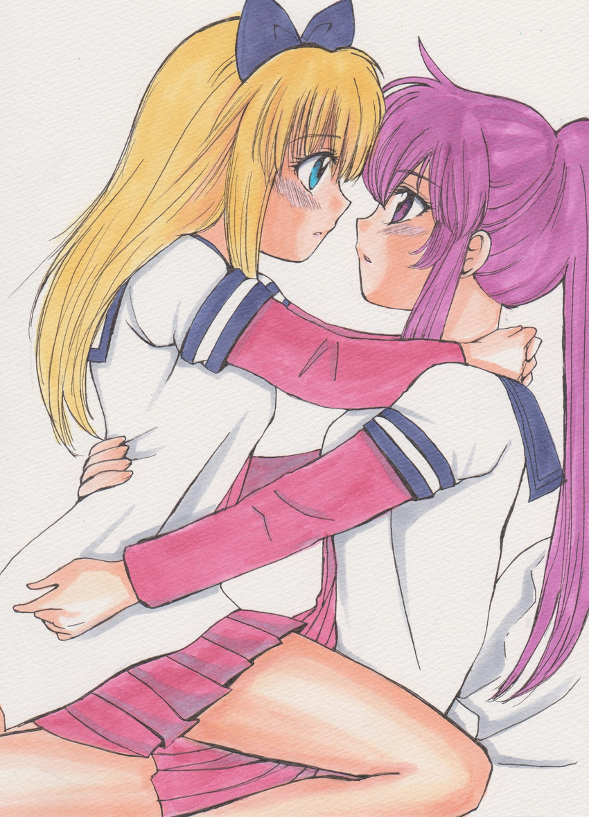 absurdres arms_around_neck bad_id bad_pixiv_id blonde_hair blue_eyes blush dress eye_contact highres hug long_hair long_sleeves looking_at_another marker_(medium) multiple_girls nanamori_school_uniform no_legwear ponytail profile purple_eyes purple_hair rascal_(n119) sailor_dress school_uniform serafuku short_over_long_sleeves short_sleeves sitting sitting_on_person straddling sugiura_ayano toshinou_kyouko traditional_media upright_straddle yuri yuru_yuri