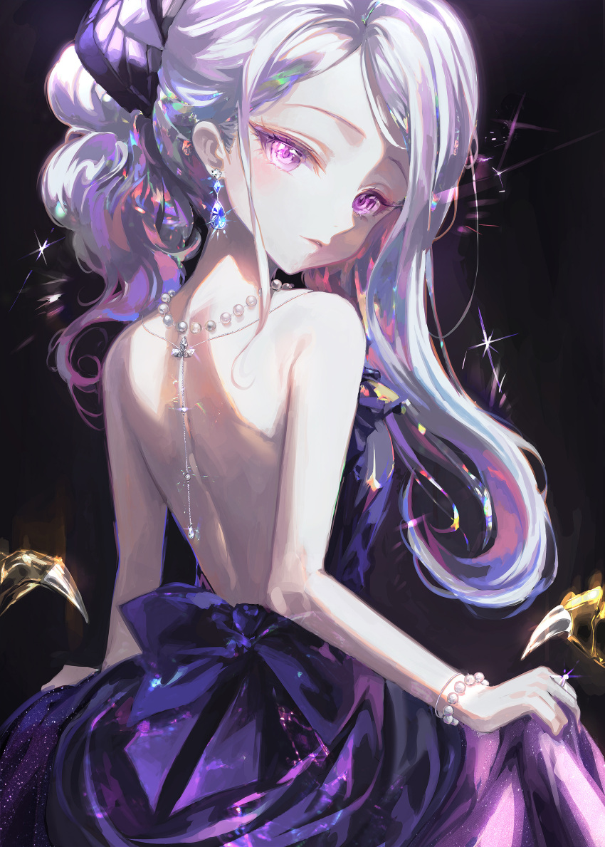 1girl absurdres back bad_anatomy black_horns blue_archive breasts dangle_earrings demon_horns dress earrings egoswans highres hina_(blue_archive) hina_(dress)_(blue_archive) horns jewelry long_hair necklace official_alternate_costume official_alternate_hairstyle purple_dress purple_eyes small_breasts solo strapless strapless_dress white_hair