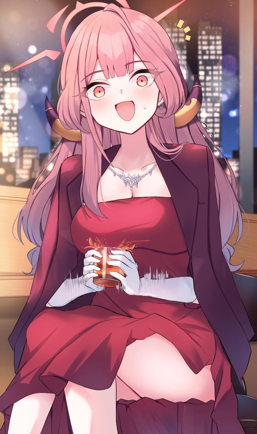 1girl absurdres aru_(blue_archive) aru_(dress)_(blue_archive) ass blue_archive blush breasts brown_coat brown_horns cleavage coat coat_on_shoulders collarbone cup demon_horns dress feet_out_of_frame gloves halo highres holding holding_cup horns large_breasts long_hair looking_at_viewer mi_taro333 official_alternate_costume open_mouth pink_hair pink_halo red_dress solo thighs white_gloves yellow_eyes
