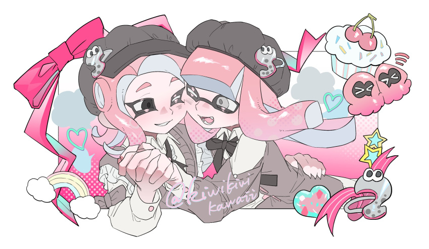 2girls artist_name black_eyes black_headwear border bow cherry cupcake food fruit gradient_background grey_eyes heart highres holding_hands inkling_girl inkling_player_character kiwi_splatoon long_hair medium_hair multiple_girls octoling_girl octoling_player_character octopus one_eye_closed outside_border pink_background pink_bow pink_hair pink_ribbon rainbow ribbon smile splatoon_(series) squid star_(symbol) teeth tentacle_hair two-tone_background white_background white_border yuri