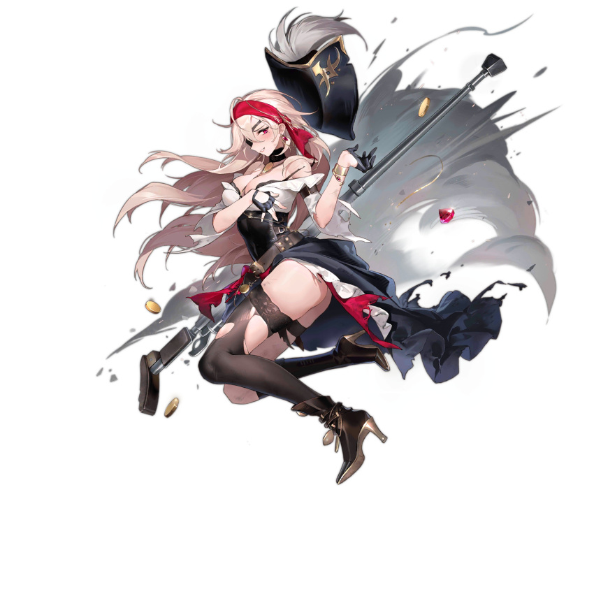 1girl anti-materiel_rifle ass bandana bangle belt black_bra black_corset black_footwear black_gloves black_headwear black_skirt black_socks black_thighhighs blonde_hair blush bolt_action boots bra bracelet breasts brown_belt choker cleavage coin corset debris earrings eyepatch fingerless_gloves full_body gem girls'_frontline gloves gold_coin gun hair_between_eyes half_gloves hat high_heel_boots high_heels highres jewelry kneehighs lace lace-trimmed_bra lace_choker lace_trim large_breasts long_hair luuuo_(luuuo0102) mole mole_under_eye necklace off-shoulder_shirt off_shoulder official_alternate_costume official_art parted_lips pirate_hat plume pocket_watch ptrd-41 ptrd_(crimson_vortex)_(girls'_frontline) ptrd_(girls'_frontline) purple_eyes red_bandana red_gemstone rifle shirt simple_background single_fingerless_glove single_kneehigh single_sock single_thighhigh skindentation skirt smoke sniper_rifle socks solo thigh_strap thighhighs third-party_source torn_clothes torn_skirt torn_sleeves torn_thighhighs transparent_background tricorne underwear unworn_hat unworn_headwear very_long_hair watch weapon white_shirt