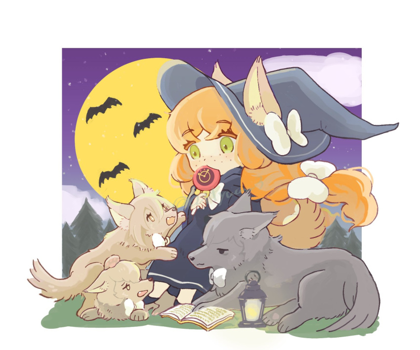 1girl animal_ears animalization asage_(attyuuu3) bat_(animal) black_cape black_dress bow braid cape cloud don_quixote_(project_moon) dress forest hair_bow hat hat_bow highres ishmael_(project_moon) lantern limbus_company long_hair nature orange_hair project_moon simple_background sinclair_(project_moon) sitting solo tail very_long_hair white_background white_bow wolf wolf_ears wolf_tail yi_sang_(project_moon)