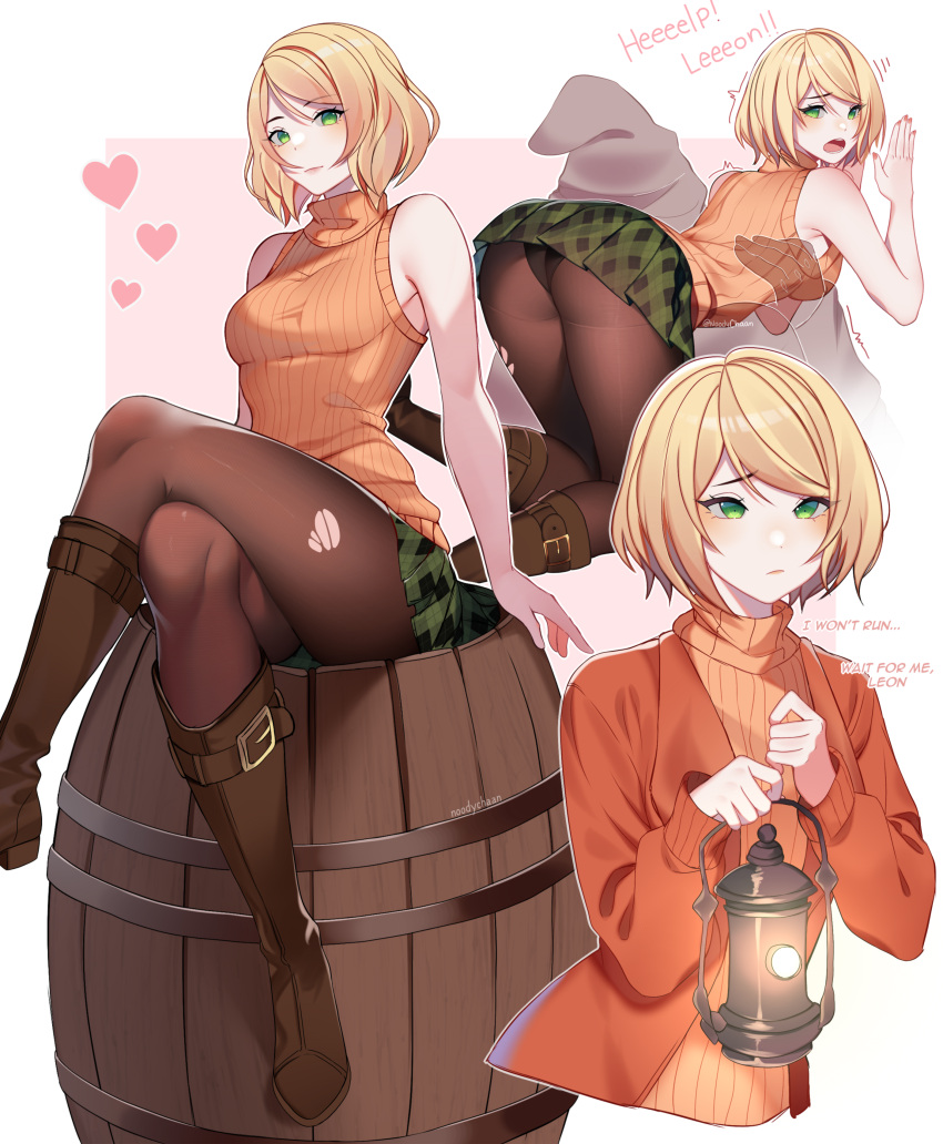 1girl absurdres adapted_costume ashley_graham barrel black_panties blazer blonde_hair bob_cut boots breasts brown_footwear brown_pantyhose commentary english_commentary english_text green_eyes green_skirt heart highres jacket noodychaan open_clothes open_jacket orange_jacket orange_sweater panties pantyhose plaid plaid_skirt resident_evil resident_evil_4 resident_evil_4_(remake) short_hair sitting skirt sleeveless sleeveless_turtleneck sweater swept_bangs torn_clothes torn_pantyhose turtleneck underwear