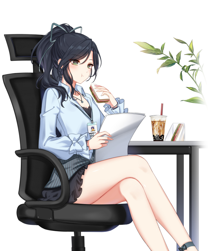 1girl :t alternate_hair_color anklet bare_legs black_hair black_skirt black_undershirt blue_bow blue_shirt bow bubble_tea business_casual chair closers collared_shirt crossed_legs cup disposable_cup dress_shirt drinking_straw eating eunha_(closers) feet_out_of_frame food full_mouth green_eyes grey_ribbon hair_ribbon hand_up highres holding holding_food holding_paper id_card jewelry lanyard long_sleeves looking_down medium_hair miniskirt office_chair office_lady official_art on_chair paper pendant plant ponytail reading ribbon sandwich shirt shirt_under_shirt sitting skirt sleeve_bow solo swivel_chair table white_background