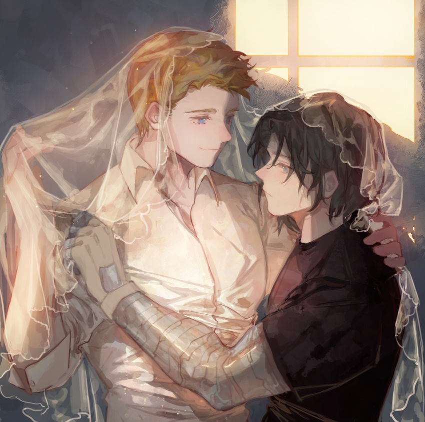 2boys black_hair black_shirt blonde_hair blue_eyes chinese_commentary closed_mouth collared_shirt couple grey_background hand_on_another's_shoulder hand_up highres indoors male_focus mechanical_arms multiple_boys original shirt short_hair short_sleeves single_mechanical_arm smile upper_body veil white_shirt window yaoi youlili