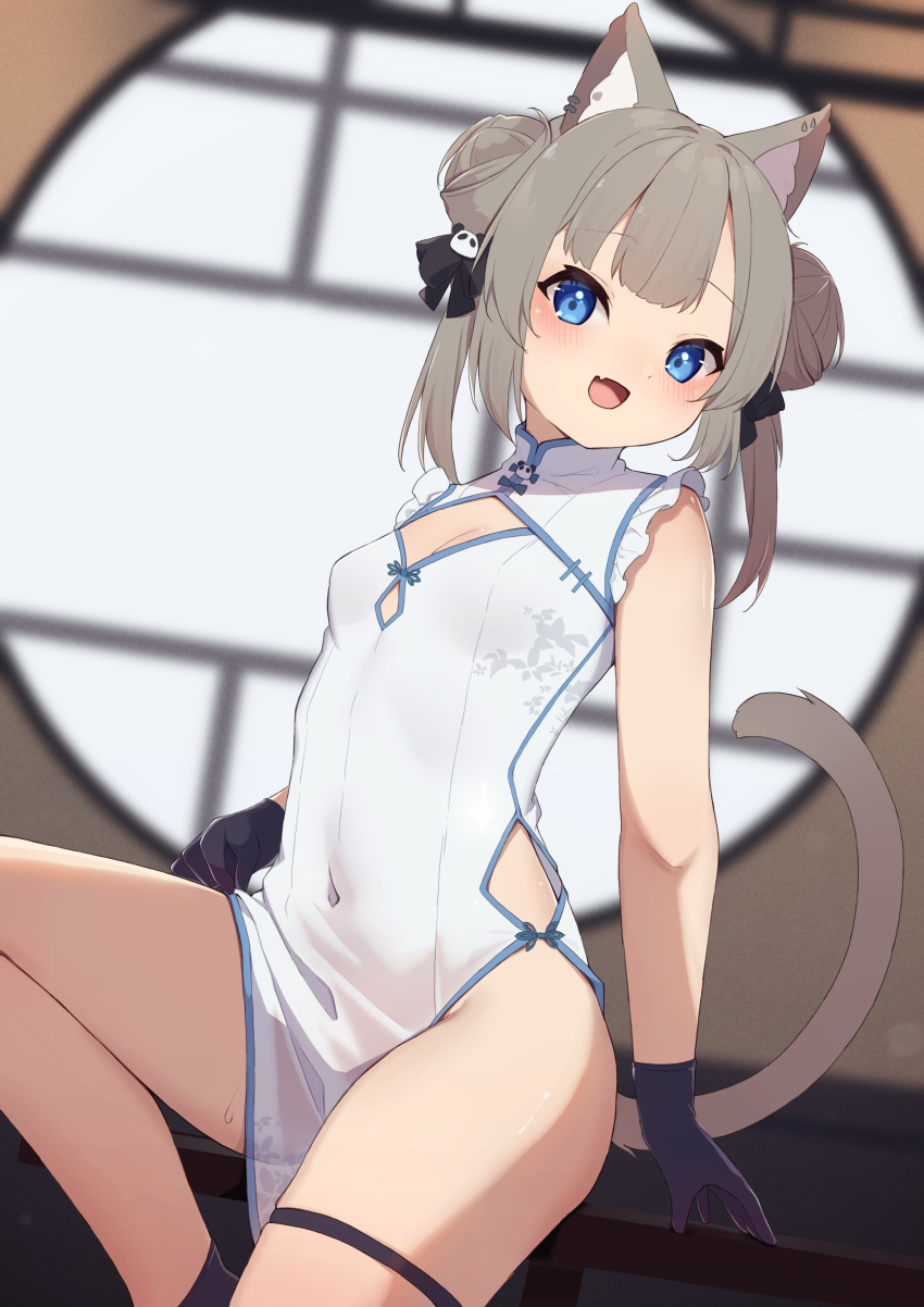 1girl :d absurdres animal_ear_fluff animal_ears black_footwear black_gloves blue_eyes blurry blurry_background blush breasts cat_ears cat_girl cat_tail china_dress chinese_clothes commentary_request covered_navel depth_of_field double_bun dress fang gloves grey_hair hair_bun highres hinata_(user_rjkt4745) indoors looking_at_viewer original round_window shoes skindentation sleeveless sleeveless_dress small_breasts smile solo tail thigh_strap twintails white_dress window