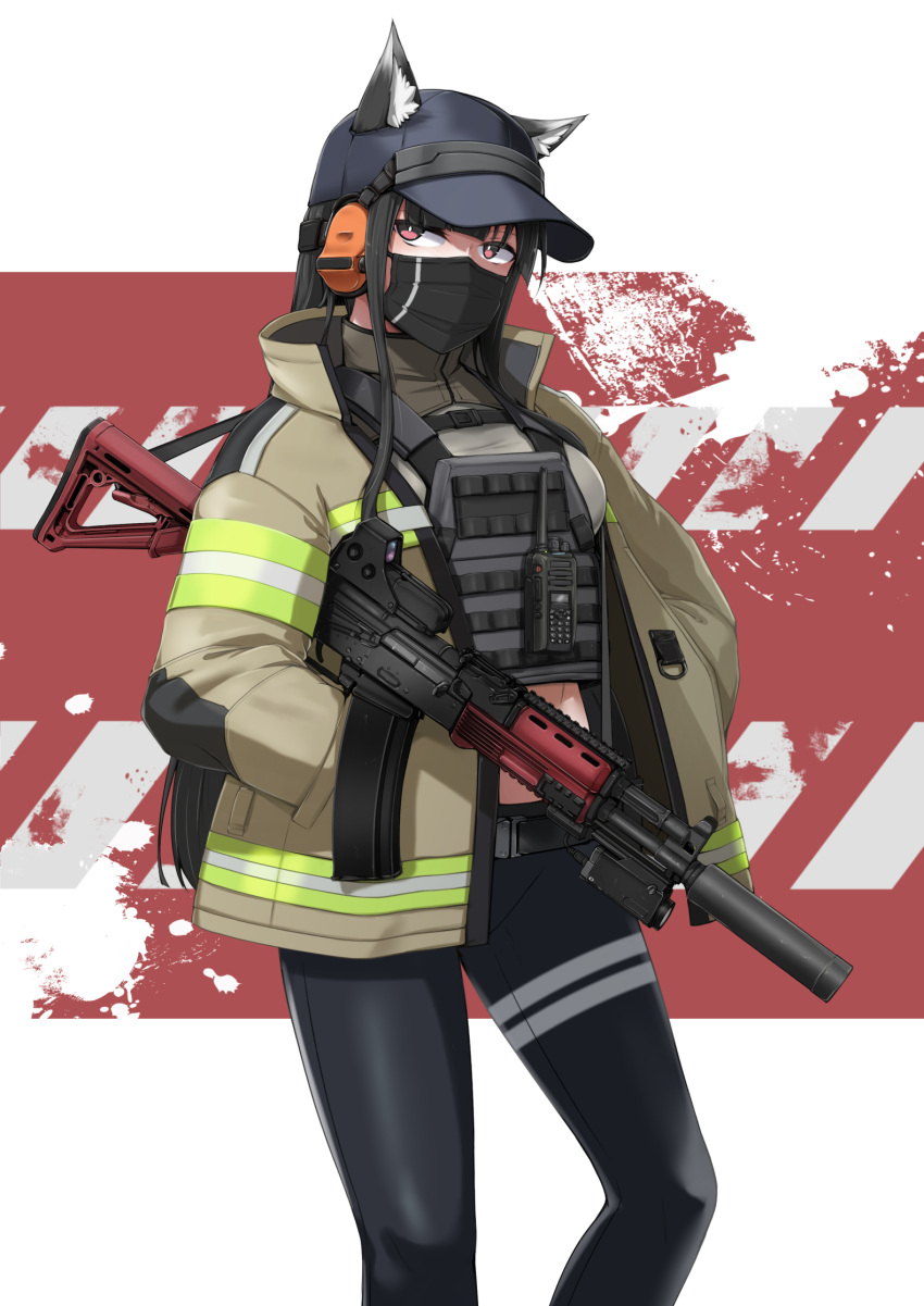 1girl ak-74 animal_ears assault_rifle baseball_cap black_pants blue_headwear breasts brown_jacket bulletproof_vest crop_top fox_ears fox_girl grey_shirt gun hat high-visibility_jacket highres jacket kalashnikov_rifle mask mouth_mask optical_sight original pants rifle sekino_takehiro shirt solo stomach suppressor weapon