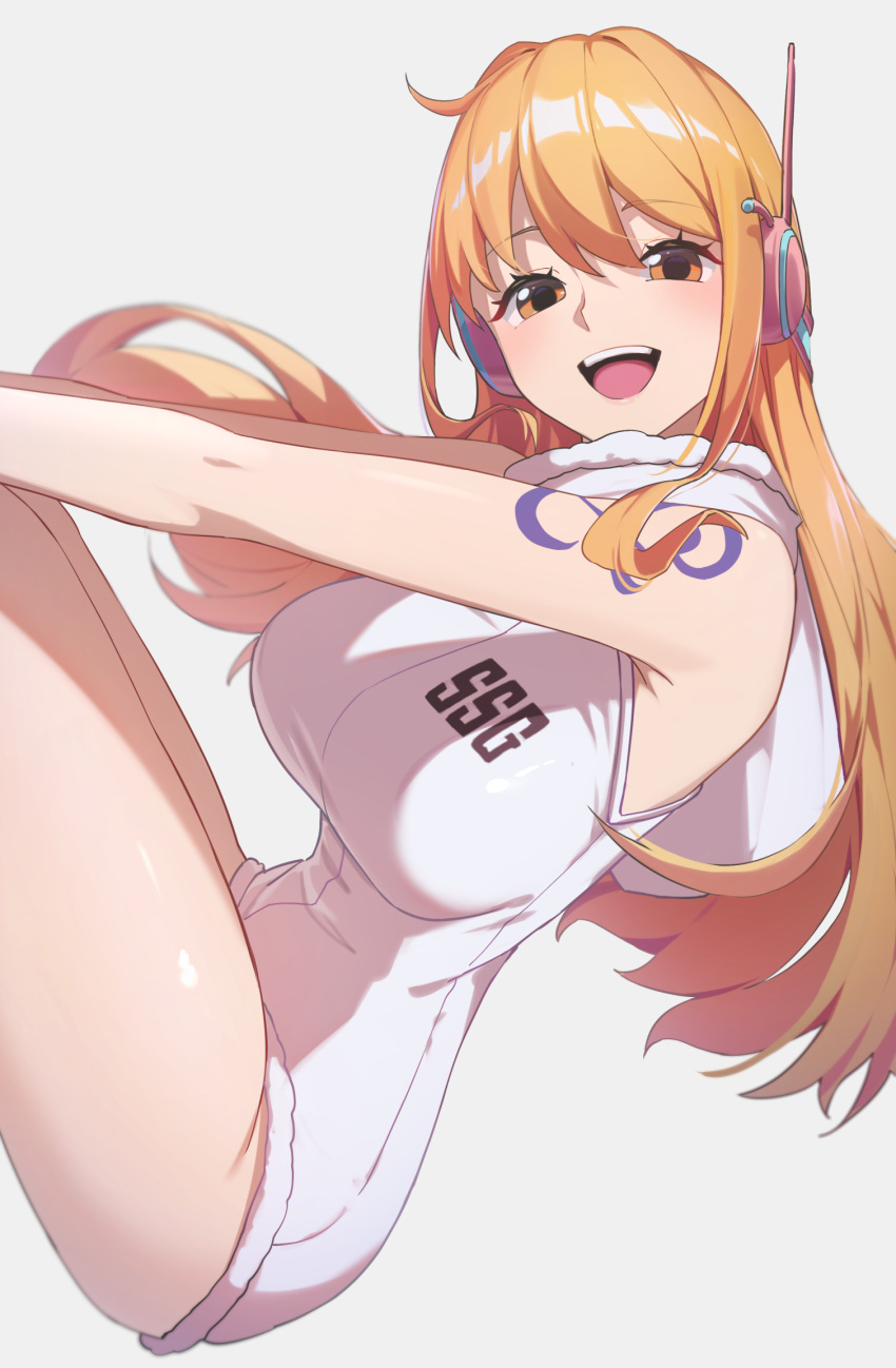 1girl :d breasts commentary dress grey_background headphones highres large_breasts looking_at_viewer nami_(one_piece) one_piece open_mouth orange_eyes orange_hair reulem shoulder_tattoo simple_background sleeveless sleeveless_dress smile solo tattoo teeth thighs upper_teeth_only white_dress