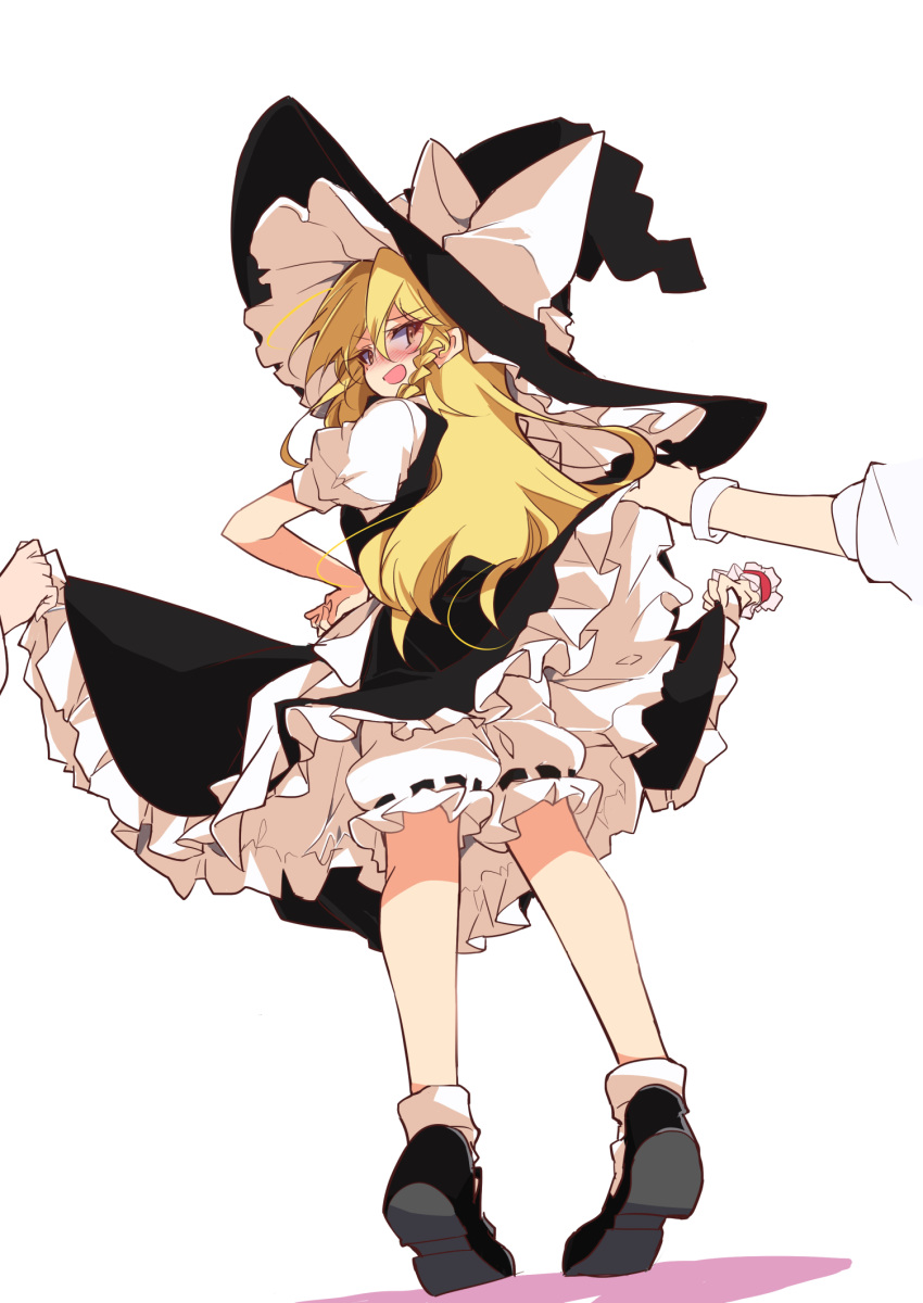 4girls alice_margatroid black_footwear black_headwear black_skirt blonde_hair bloomers blush bow braid brown_background clothes_lift commentary_request embarrassed frilled_skirt frills hair_between_eyes hakurei_reimu hat highres ichimura_kanata izayoi_sakuya kirisame_marisa long_hair multiple_girls open_mouth puffy_short_sleeves puffy_sleeves sexual_harassment shirt short_sleeves simple_background single_braid skirt skirt_lift socks solo_focus standing surprised touhou very_long_hair white_bloomers white_bow white_shirt white_socks witch_hat yellow_eyes