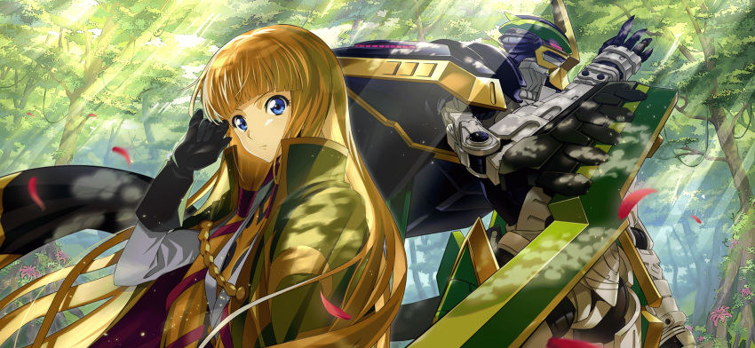 1girl arm_blade artist_request black_gloves black_shirt blonde_hair blue_eyes blunt_bangs cape closed_mouth code_geass code_geass:_lost_stories dappled_sunlight day falling_petals florence_(code_geass) forest from_side game_cg gloves green_cape green_theme hair_ribbon hand_up high_collar highres jacket light_rays long_hair long_sleeves looking_at_viewer mecha military_uniform monica_kruszewski nature non-web_source official_art outdoors petals pink_eyes red_ribbon ribbon robot shirt sidelocks solo standing sunlight tree two-sided_cape two-sided_fabric uniform upper_body v-shaped_eyebrows weapon white_jacket