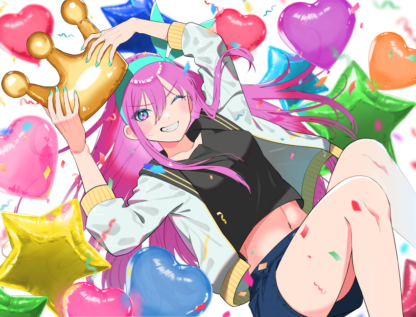 1girl absurdres aqua_eyes aqua_hairband aqua_nails arms_up aubrey_(faraway)_(omori) aubrey_(omori) balloon black_sailor_collar black_shirt confetti crown denim denim_skirt grin hairband happy_birthday heart_balloon highres holding holding_crown jacket knees_up long_hair long_sleeves looking_at_viewer nail_polish navel omori one_eye_closed open_clothes open_jacket pink_hair sailor_collar shirt skirt smile solo star_balloon tio_zomi v-shaped_eyebrows white_jacket