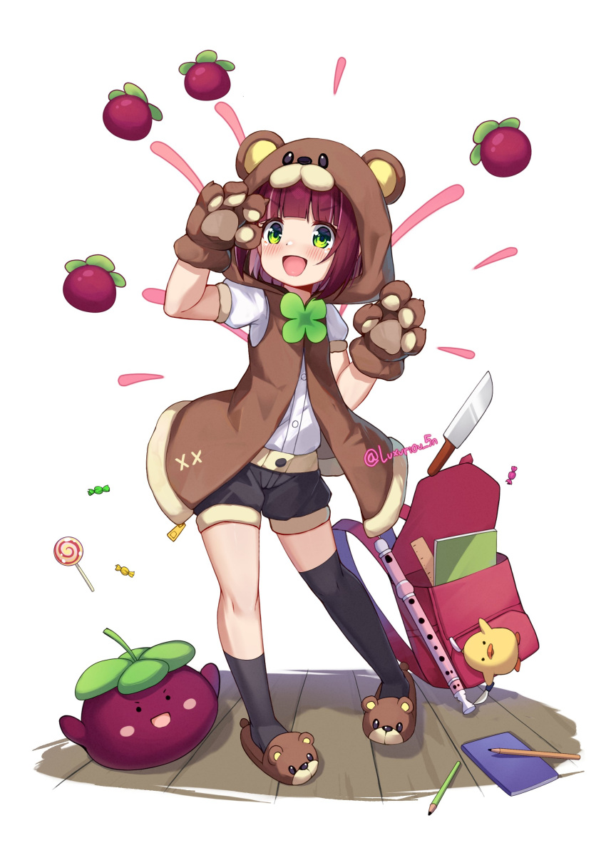 absurdres animal_costume backpack bag bear_costume child flute green_eyes highres instrument knife luxuriou_s mangosteen nagisa_arcinia nijisanji nijisanji_id paw_pose pencil randoseru red_hair shorts virtual_youtuber