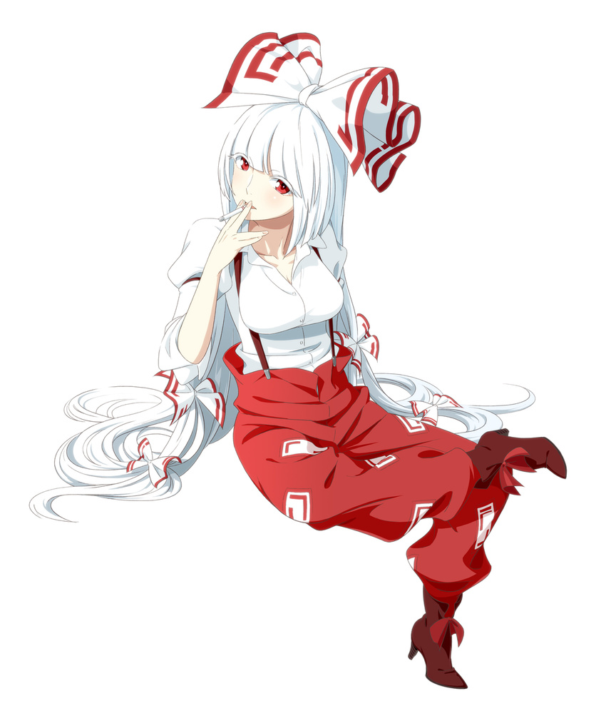 9aki boots bow breasts cigarette fujiwara_no_mokou full_body hair_bow hair_ribbon hand_to_own_mouth highres long_hair medium_breasts pants red_eyes ribbon silver_hair simple_background smoking solo suspenders touhou white_background