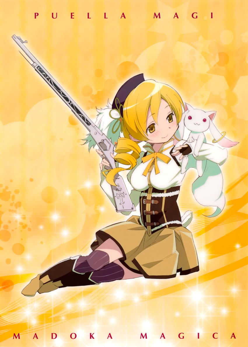 :3 absurdres blonde_hair boots breasts copyright_name drill_hair fingerless_gloves gloves gun hair_ornament hat highres knee_boots kyubey large_breasts light_particles long_hair magical_girl magical_musket mahou_shoujo_madoka_magica mahou_shoujo_madoka_magica_movie official_art skirt smile sparkle thighhighs tomoe_mami twin_drills twintails weapon yellow_background yellow_eyes zettai_ryouiki