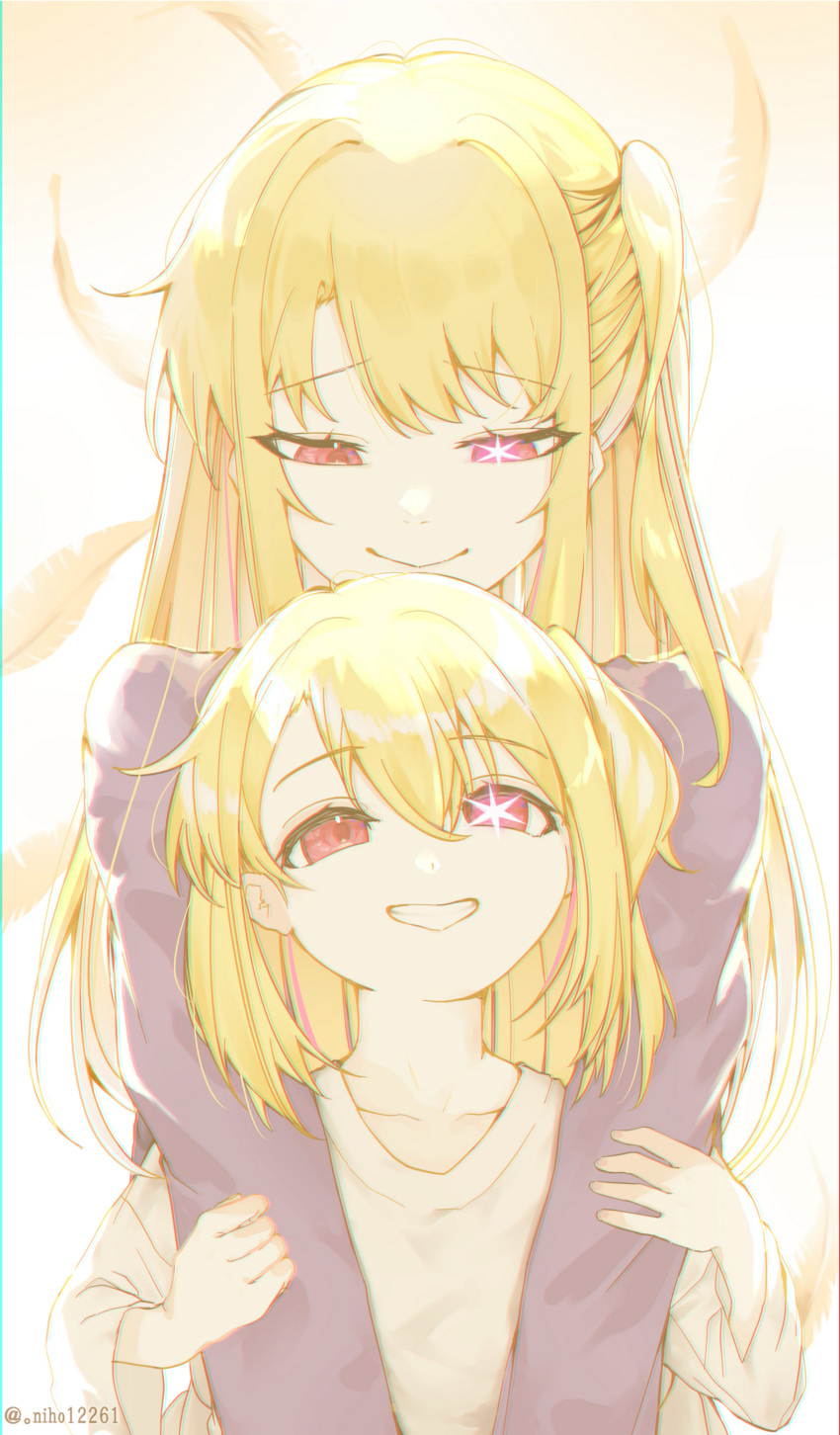 2girls absurdres blonde_hair child closed_mouth commentary dual_persona eyes_visible_through_hair falling_feathers feathers grin hair_between_eyes happy highres hoshino_ruby hug hug_from_behind long_hair long_sleeves looking_at_another looking_down looking_up medium_hair multiple_girls niho12261 one_side_up oshi_no_ko red_eyes school_uniform shirt simple_background smile star-shaped_pupils star_(symbol) straight_hair symbol-shaped_pupils twitter_username upper_body white_shirt wide_sleeves yellow_background