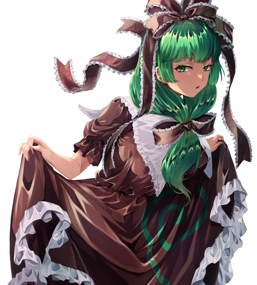 1girl absurdres bow dress frilled_bow frilled_dress frilled_ribbon frills front_ponytail green_eyes green_hair hair_bow hair_ribbon highres kagiyama_hina lifted_by_self open_mouth print_ribbon puffy_short_sleeves puffy_sleeves red_bow red_dress red_ribbon ribbon short_sleeves simple_background solo touhou white_background y6black