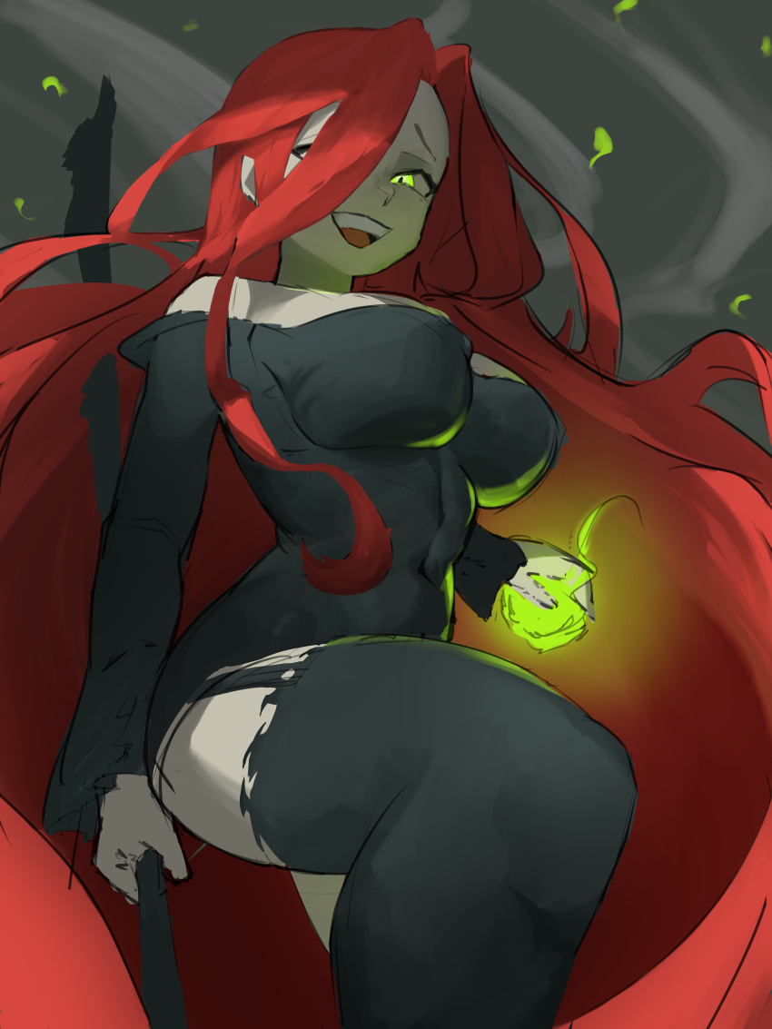 1girl :d abstract_background absurdly_long_hair absurdres bare_shoulders black_garter_straps black_shirt black_thighhighs breasts commentary covered_navel covered_nipple english_commentary fire floating_hair from_below furrowed_brow garter_straps glowing glowing_eye green_eye green_eyes green_fire hair_over_one_eye highres holding holding_weapon leg_up long_hair long_sleeves magic maplestory medium_breasts open_mouth red_hair shirt simple_background sketch skin_tight slit_pupils smile smug solo standing strapless strapless_shirt teeth thighhighs thighs upper_teeth_only verus_hilla very_long_hair wavy_hair weapon zettai_ryouiki zujo3201