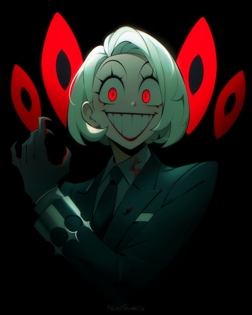 1girl absurdres artist_name black_background black_gloves black_jacket black_necktie collared_shirt crazy_eyes crazy_grin gloves grey_shirt grin highres jacket meloni_shvarts necktie original red_background red_eyes shirt short_hair smile solo teeth