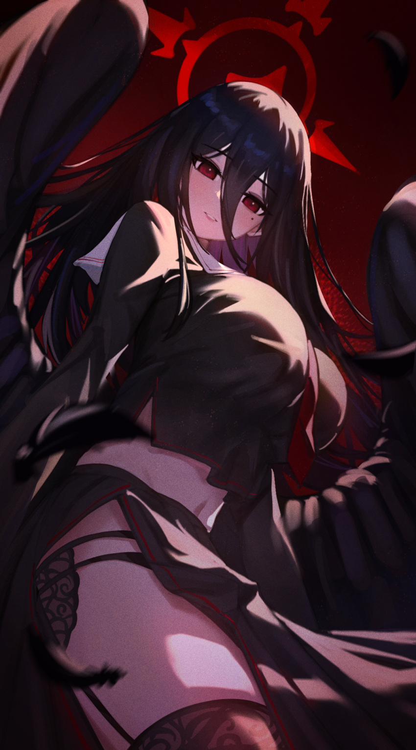 1girl black_hair black_serafuku black_shirt black_skirt black_wings blue_archive breasts commentary_request cowboy_shot cropped_shirt drone_(drone_37) from_below garter_belt hair_between_eyes halo hasumi_(blue_archive) highres huge_breasts long_bangs long_hair looking_at_viewer looking_down midriff_peek mole mole_under_eye necktie parted_lips red_background red_eyes red_halo red_necktie school_uniform serafuku shirt simple_background skirt smile solo thighs wings