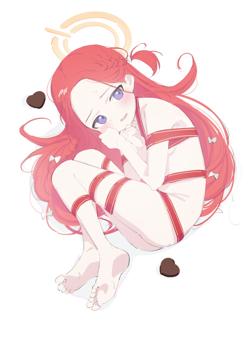 1girl blue_archive blue_eyes blush bow candy chocolate cygnet_(5817cygnet) fetal_position food forehead hair_bow halo hands_up heart heart-shaped_chocolate highres knees_up long_hair looking_to_the_side lying multiple_hair_bows naked_ribbon nude on_side open_mouth orange_halo red_hair red_ribbon ribbon smile sweatdrop very_long_hair wavy_mouth white_bow x_arms yuzu_(blue_archive)
