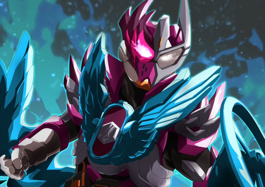 1boy absurdres angecopter armor asymmetrical_armor blue_armor bolt bow_(weapon) commentary_request driver_(kamen_rider) foreshortening gauntlets gloves helmet heterochromia highres holding holding_bow_(weapon) holding_weapon kamen_rider kamen_rider_gotchard_(series) kamen_rider_valvarad looking_at_viewer male_focus miyabi_(037) pink_eyes power_armor rider_belt shoulder_spikes smoke solo spikes tokusatsu valvaradriver valvarusher weapon white_eyes white_gloves