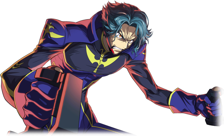 1boy angry artist_request backlighting blue_bodysuit blue_gloves blue_hair bodysuit clenched_teeth code_geass code_geass:_lost_stories constricted_pupils controller forehead foreshortening furrowed_brow game_cg gloves gold_trim hair_intakes highres jeremiah_gottwald joystick leaning_forward male_focus non-web_source official_art orange_eyes short_hair simple_background sitting solo teeth transparent_background two-tone_bodysuit upper_body v-shaped_eyebrows wide-eyed