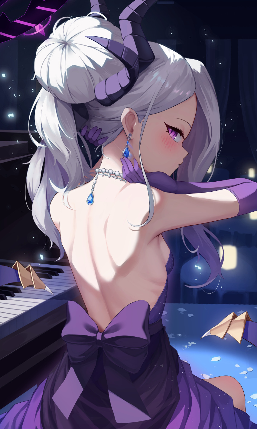 1girl absurdres back black_horns blue_archive blush dangle_earrings demon_horns demon_wings dress earrings elbow_gloves evening_gown from_behind gloves grand_piano halo highres hina_(blue_archive) hina_(dress)_(blue_archive) horns instrument jewelry jixo_(user_nzhc8728) long_hair looking_at_viewer looking_back low_wings multicolored_halo multiple_horns necklace official_alternate_costume official_alternate_hairstyle piano piano_keys purple_dress purple_eyes purple_gloves purple_wings solo strapless strapless_dress two-tone_halo white_hair wings