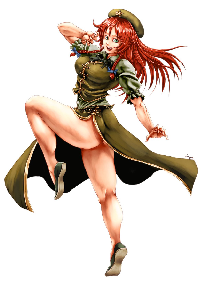 ass beret bow braid breasts derivative_work green_eyes hair_bow hat highres hong_meiling large_breasts leg_up legs long_hair muscle muscular_female open_mouth red_hair short_sleeves side_slit skirt smile solo star terrajin thick_thighs thighs touhou twin_braids