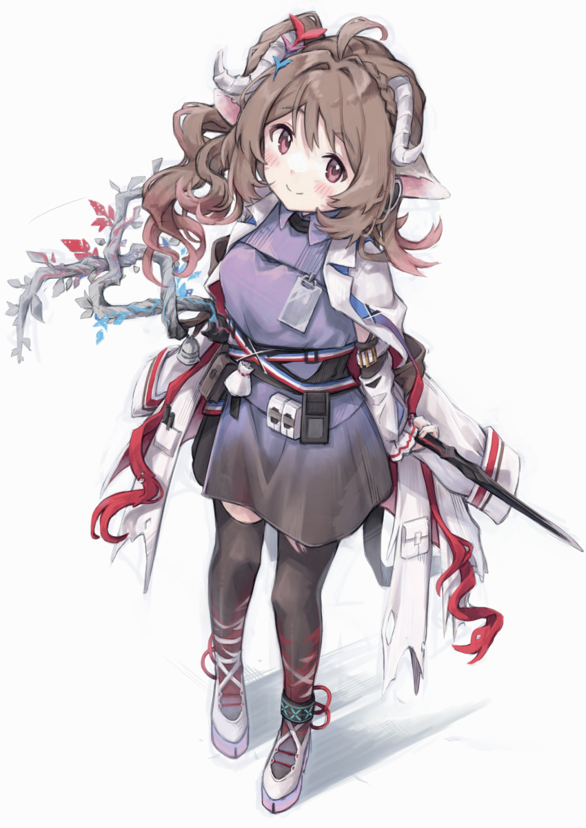 1girl absurdres animal_ears anklet arknights asymmetrical_hair black_thighhighs blue_dress breasts brown_hair closed_mouth commentary_request dress eyjafjalla_(arknights) eyjafjalla_the_hvit_aska_(arknights) full_body gradient_hair highres holding holding_staff horns infection_monitor_(arknights) jacket jewelry long_sleeves looking_at_viewer medium_breasts multicolored_hair red_eyes red_hair revision semi_colon sheep_ears sheep_girl sheep_horns side_ponytail smile solo staff standing thighhighs white_footwear white_jacket