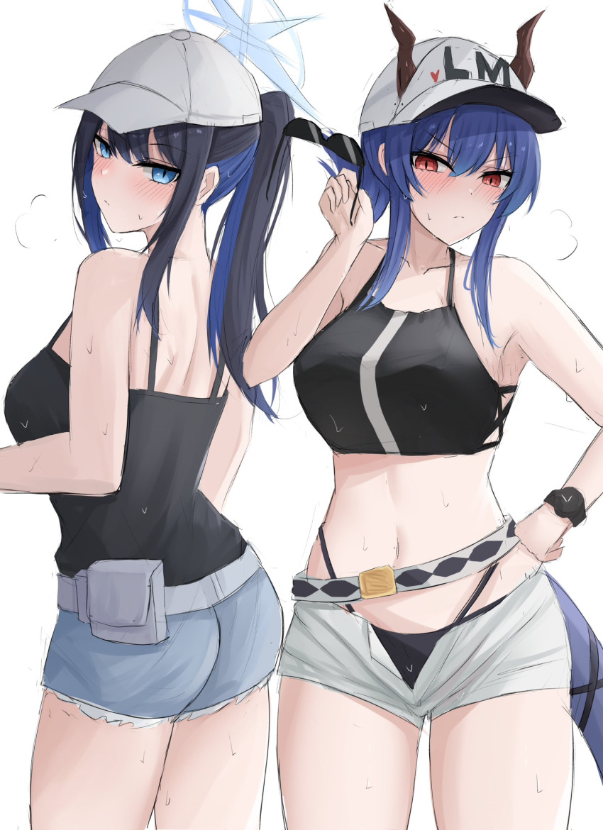 2girls arknights ass bare_shoulders baseball_cap belt bikini black_bikini blue_archive blue_eyes blue_hair breasts camisole ch'en_(arknights) commentary cowboy_shot cutoffs dragon_horns dragon_tail female_tourist_c_(arknights) grey_shorts hand_on_own_hip hand_up hat highres holding holding_removed_eyewear horns horns_through_headwear large_breasts long_hair looking_at_viewer multiple_girls namikare navel open_fly ponytail saori_(blue_archive) short_shorts shorts simple_background spaghetti_strap standing stomach sunglasses swimsuit tail thighs unworn_eyewear white_background white_headwear