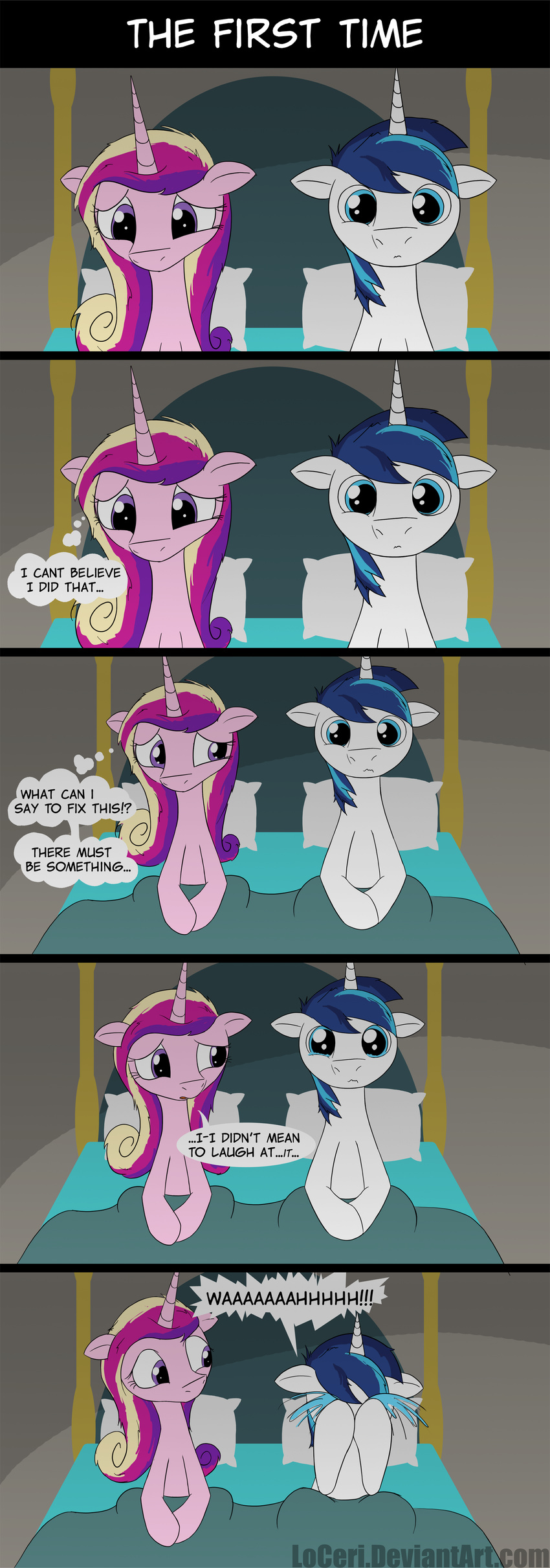 blue_eyes blue_hair comic couple crying duo english_text equine female feral friendship_is_magic fur hair horn horse loceri male mammal multi-colored_hair my_little_pony pillow pink_fur pony princess_cadance_(mlp) purple_eyes sad shining_armor_(mlp) tears text unicorn white_fur winged_unicorn wings