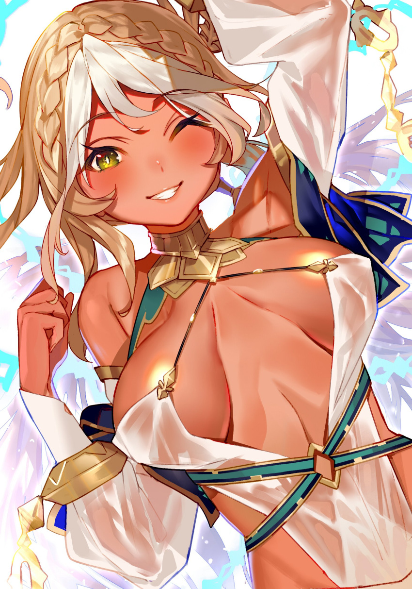 1girl absurdres breasts brown_hair choker cleavage covered_nipples dark-skinned_female dark_skin detached_sleeves fate/grand_order fate_(series) gold_choker green_eyes highres large_breasts light_brown_hair multicolored_hair parted_lips see-through smile solo teeth tsukudani_(ore624) two-tone_hair white_hair
