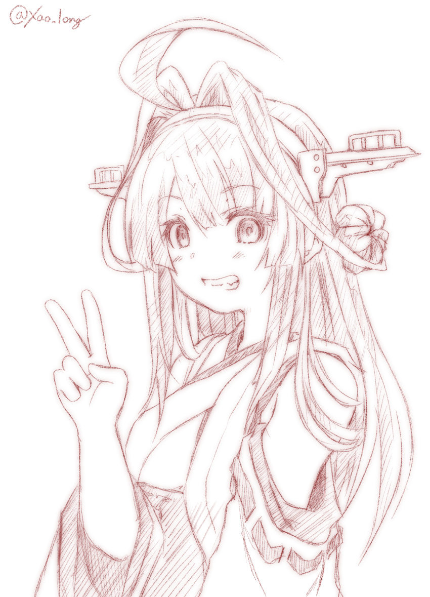 1girl ahoge chicken99 detached_sleeves double_bun grin hair_bun hair_intakes hairband headgear highres kantai_collection kongou_(kancolle) lineart long_hair monochrome nontraditional_miko one-hour_drawing_challenge ribbon-trimmed_sleeves ribbon_trim smile solo twitter_username upper_body