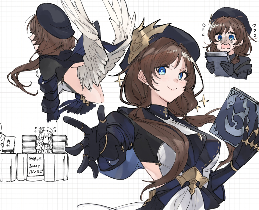 @_@ absurdres angel angel_wings backless_leotard backless_outfit beret black_gloves blue_eyes book book_stand breasts brown_hair comiket flustered flying_sweatdrops gloves granblue_fantasy hat highres holding holding_book large_breasts leaning_forward leotard multiple_wings outstretched_arm raziel_(granblue_fantasy) seraph smile sparkle turtleneck_leotard wings yakota_(usuk-yako)