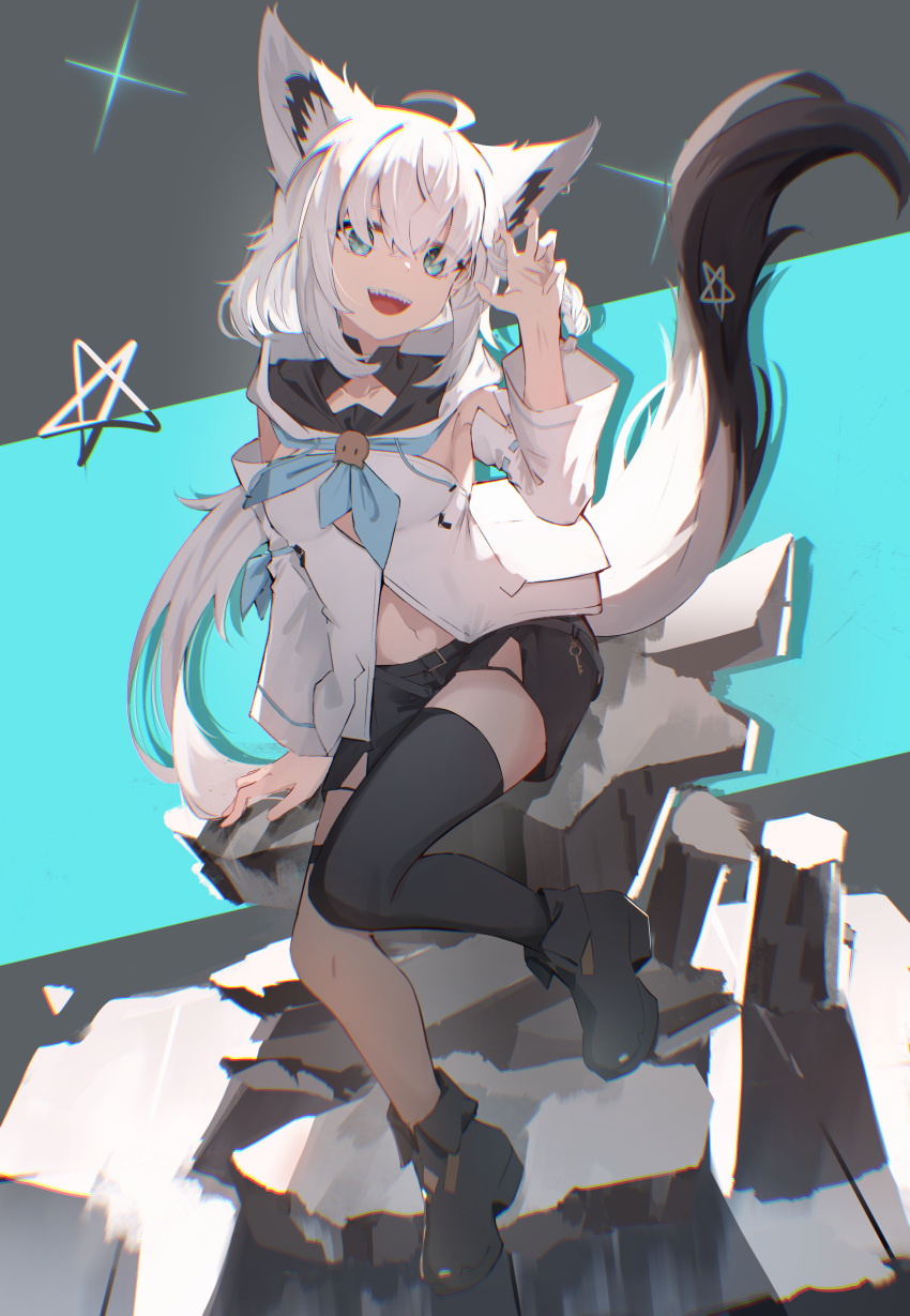 1girl absurdres ahoge animal_ears black_footwear black_thighhighs blue_eyes c4t_(c4t004) detached_sleeves fox_ears fox_girl fox_tail highres hololive hood hoodie long_hair looking_at_viewer open_mouth ponytail shirakami_fubuki shirakami_fubuki_(1st_costume) shoes single_thighhigh smile solo tail teeth thighhighs upper_teeth_only virtual_youtuber white_hair white_hoodie white_sleeves