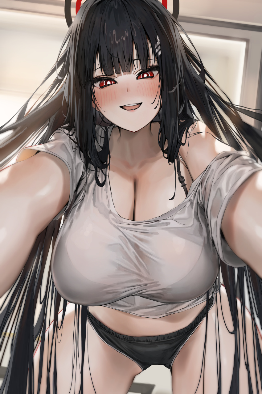 1girl absurdres black_bra black_hair blue_archive blush bra bra_visible_through_clothes breasts bright_pupils cleavage halo highres huge_breasts long_hair looking_at_viewer poharo red_eyes ringed_eyes rio_(blue_archive) shirt short_sleeves single_bare_shoulder smile solo stomach underwear very_long_hair white_pupils white_shirt