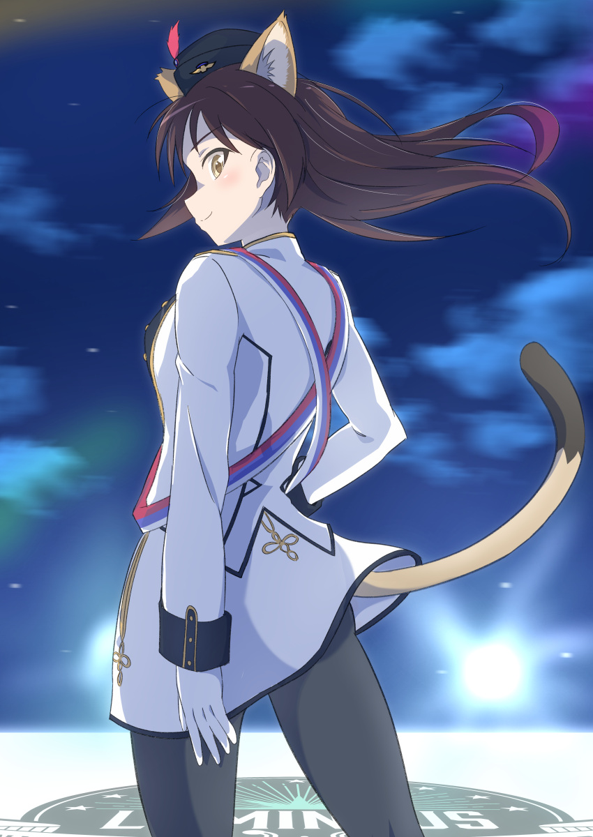 1girl absurdres animal_ears black_hat brown_eyes brown_hair cat_ears cat_tail closed_mouth cloud cloudy_sky commentary cowboy_shot eleonore_giovanna_gassion emblem from_behind garrison_cap gloves hat highres jacket long_hair long_sleeves looking_at_viewer looking_back luminous_witches miniskirt night outdoors skirt sky smile solo stage_lights standing tail text_in_mouth tricky_46 white_gloves white_jacket white_skirt wind world_witches_series